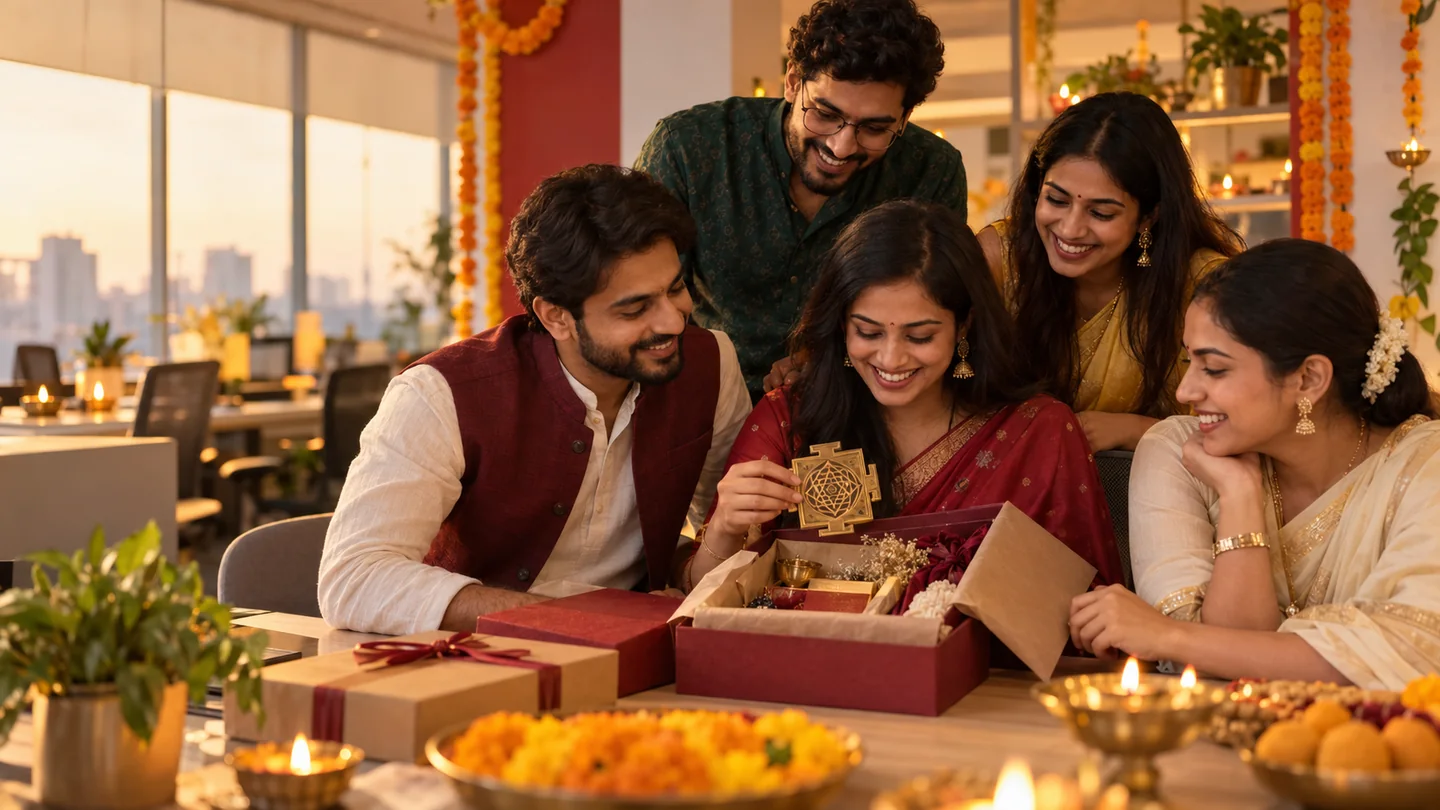 Indian startup employees opening a meaningful Diwali gift with a sacred brass Yantra