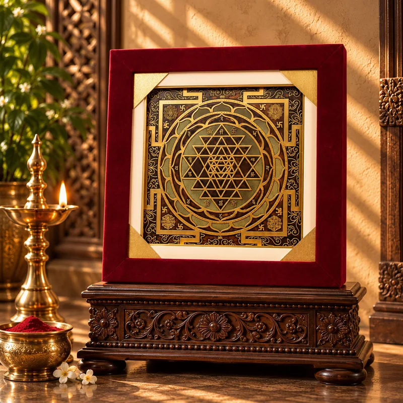 A lit brass diya beside a sacred Shree Yantra in a red frame